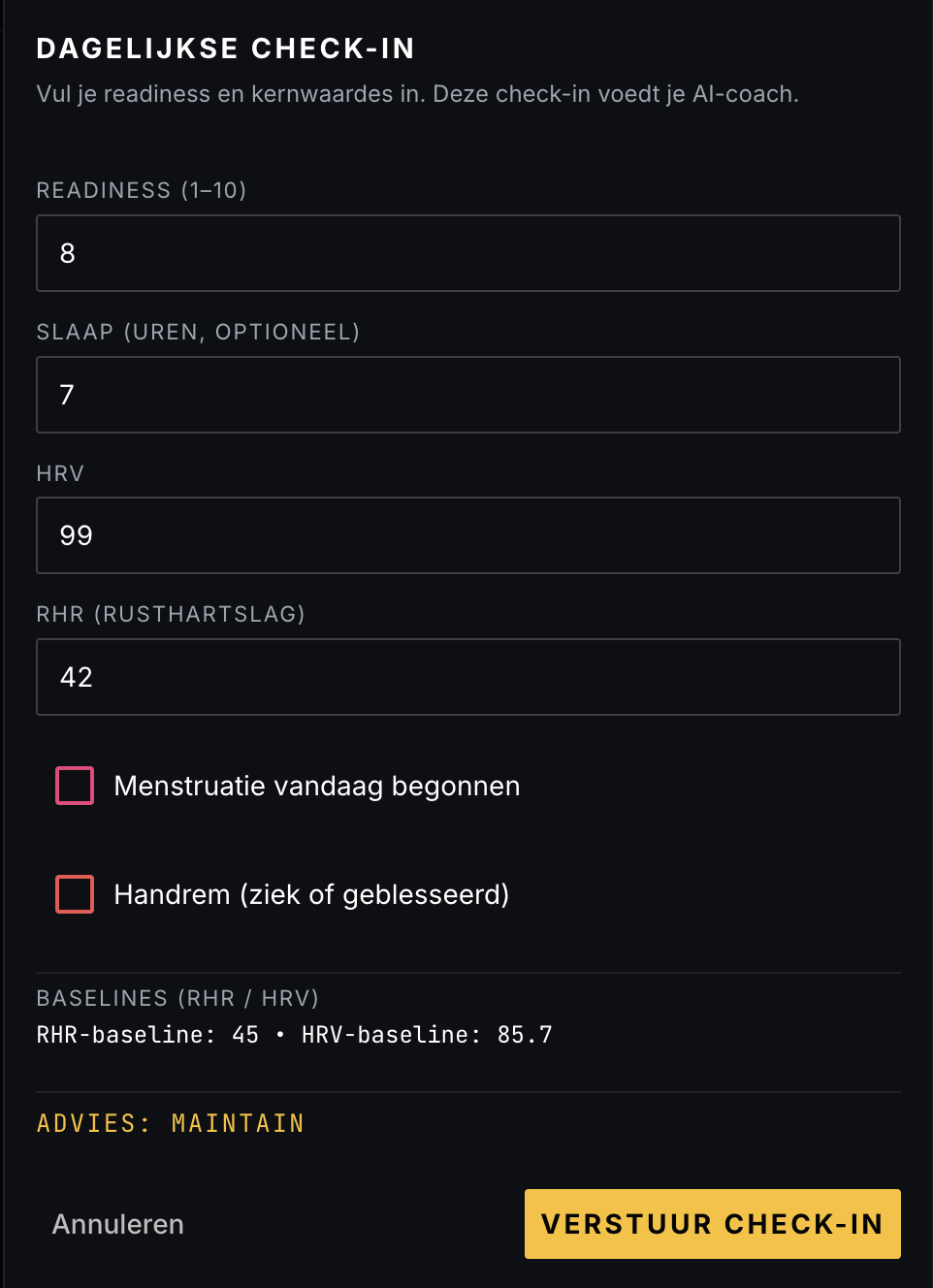 PrimeForm app — check-in flow